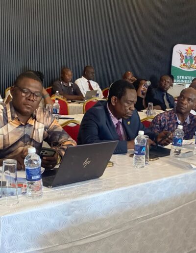 Chief Director Support Services Mr O Nhimura (left), Director General Mr Christopher Shumba (centre) and Chief Director Operations (right) follow proceedings during the first day of RIDA Strategic Plan Review Workshop